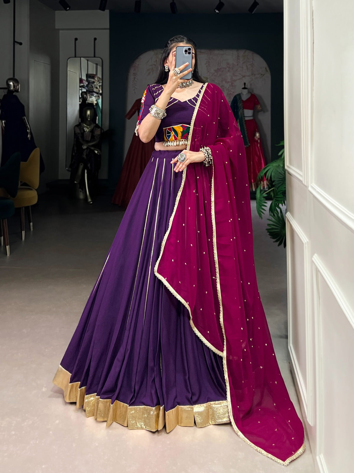 Designer Navratri Gamthi Work Purple Color Lehenga Choli