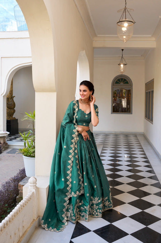 Designer Gold Crush Teal Green Color Lehenga