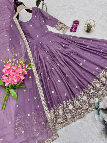 Alluring Purple Heavy Diamond Silk Embroidery Work Gown