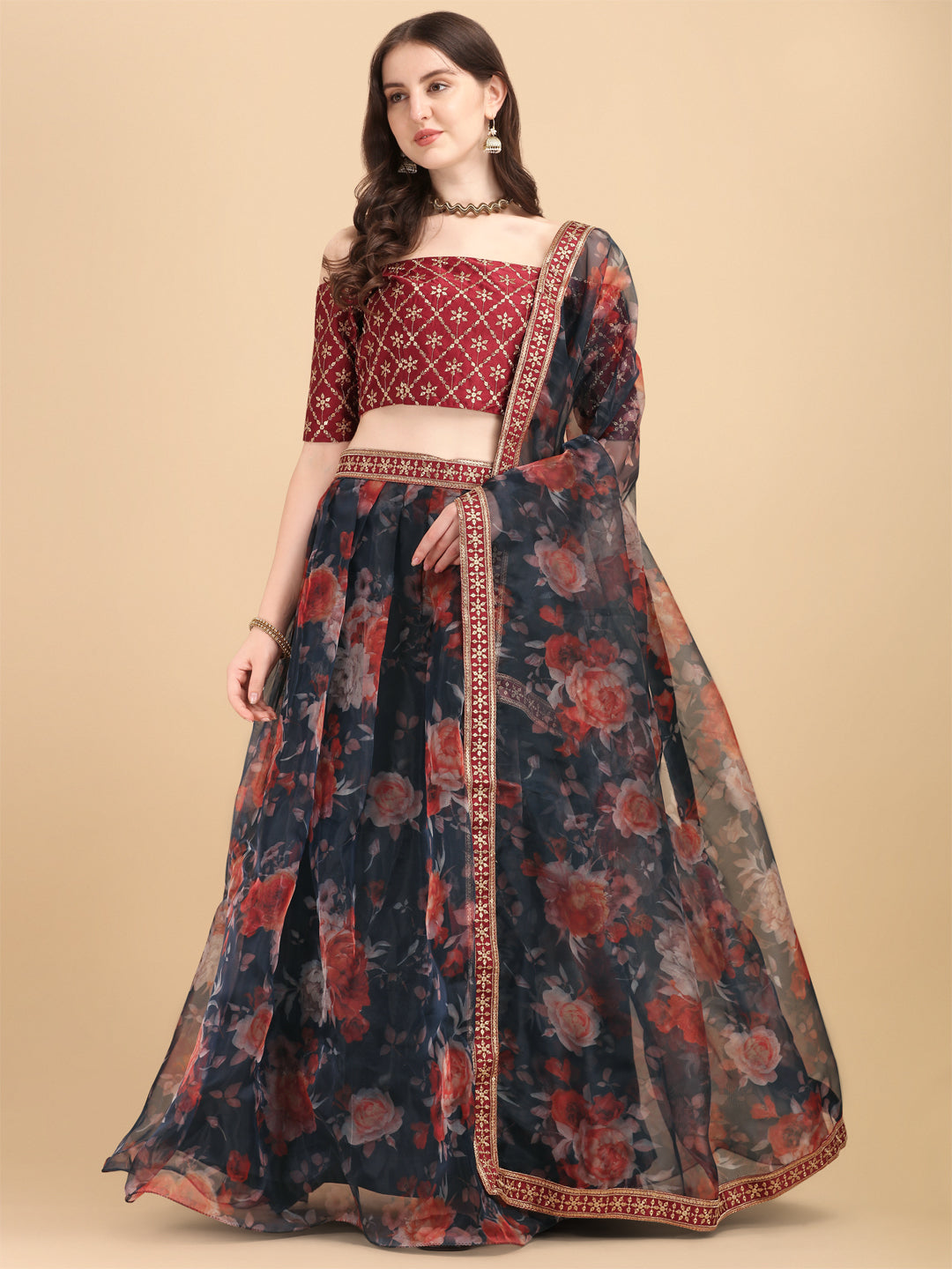 Digital Printed Navy Blue Color Organza Lehenga Choli