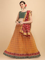 Mustard & Green Color Digital Printed Crushed Lehenga Choli