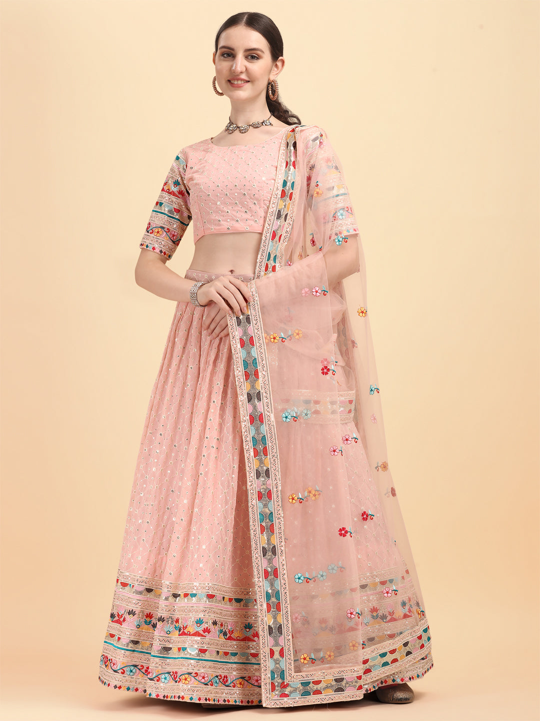 Peach Color Thread Sequence Work  Lehenga Choli