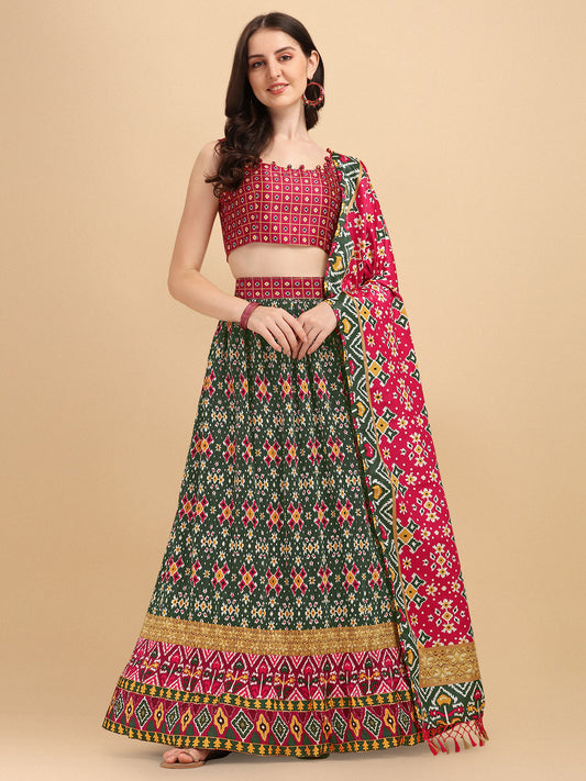 Precious Green & Maroon Color Digital Printed Crushed Lehenga Choli