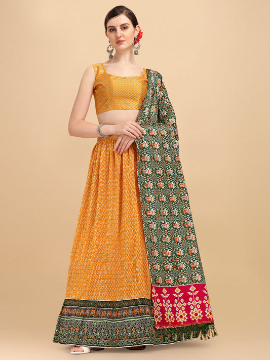 Awesome Green & Orange Color Digital Printed Crushed Lehenga Choli