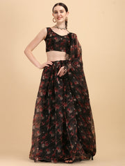 Printed Black Color Beautiful Organza Lehenga Choli