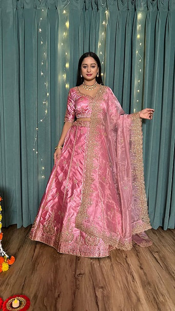 Demanding Pink Color Japan Satin Silk Sequins And Zari Work Lehenga Choli