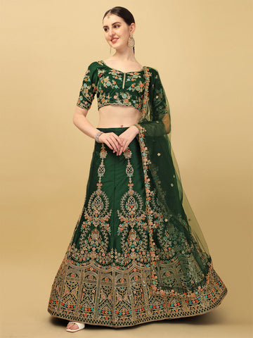 Dark Green Color Sequence & Embroidery Work Silk Lehenga Choli