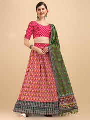 Pink & Olive Green Color Digital Printed Crushed Lehenga Choli