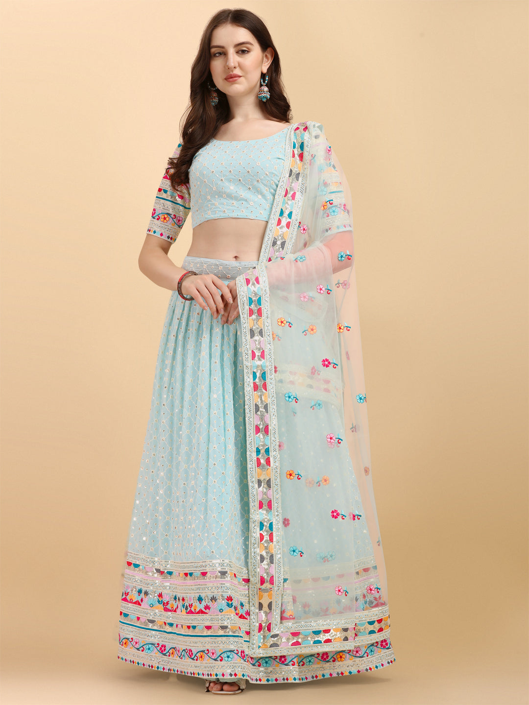 Sky Blue Color Thread Sequence Work Lehenga Choli