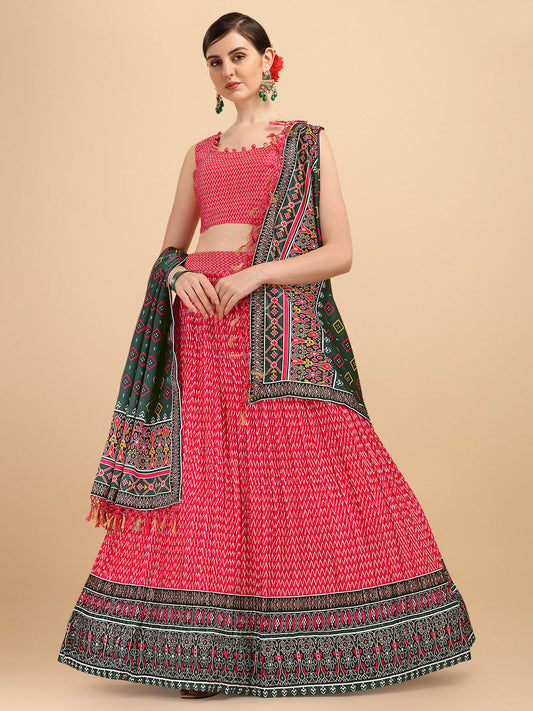 Pink & Dark Green Color Digital Printed Crushed Lehenga Choli