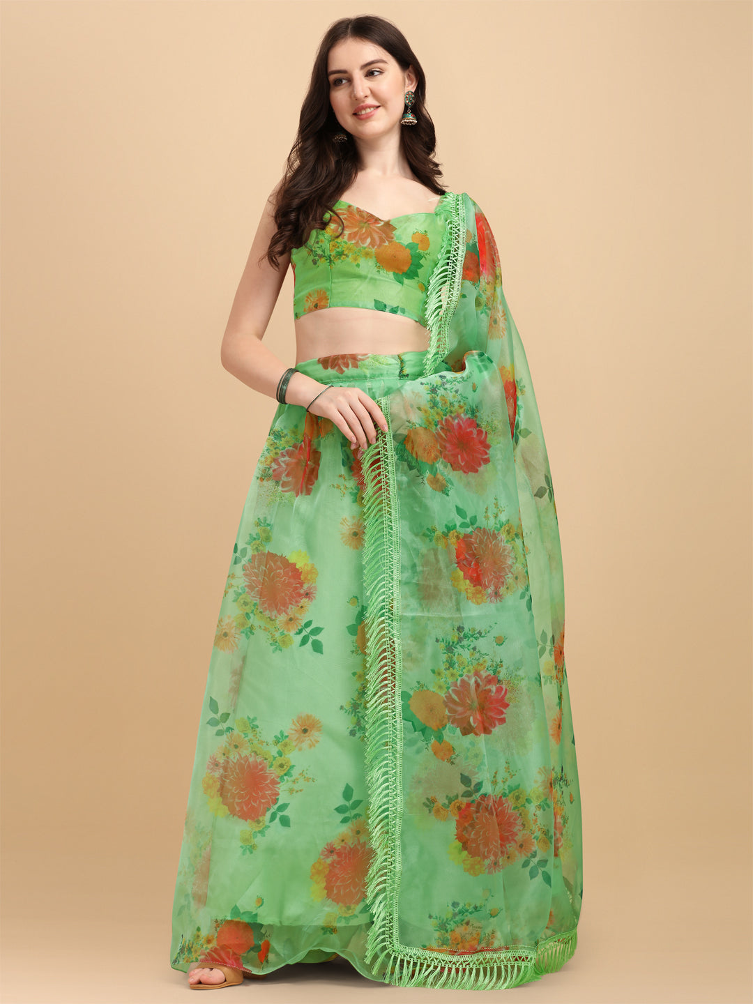 Amazing Green Color Printed Organza Lehenga Choli