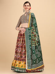 Digital Printed Maroon & Green Color Crushed Lehenga Choli