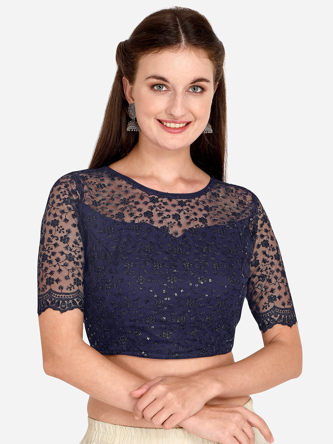 Beautiful Navy Blue Color Embroidered & Sequence Work Net Blouse