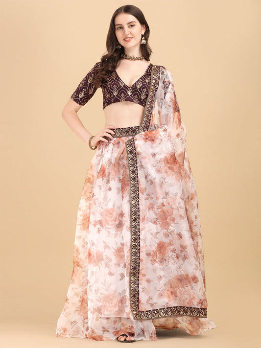 Digital Printed White & Coffee Color Organza Lehenga Choli