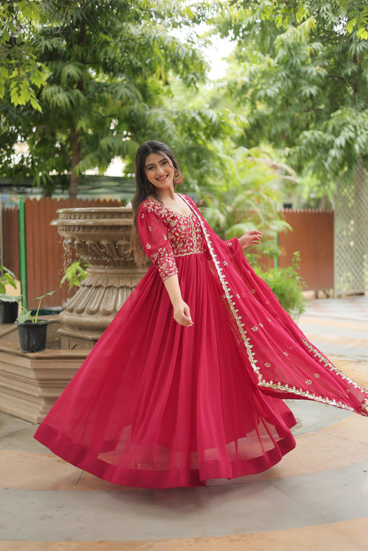 Good Looking Embroidery Sequence Work Pink Color Gown