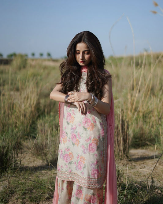 Punjabi Style Off White Color Flower Printed Palazzo Suit