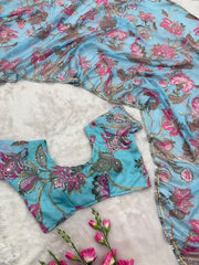 Mirror Work Sky Blue Color Printed Party Wear Saree