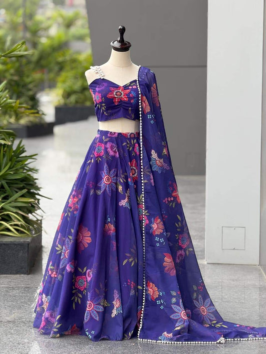 Ravishing Blue Digital Printed Lehenga Organza Choli
