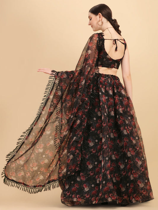 Printed Black Color Beautiful Organza Lehenga Choli