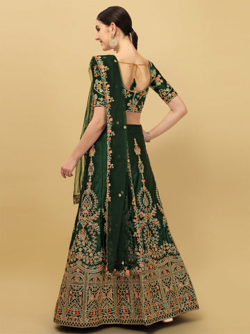 Dark Green Color Sequence & Embroidery Work Silk Lehenga Choli