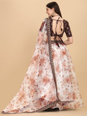 Digital Printed White & Coffee Color Organza Lehenga Choli