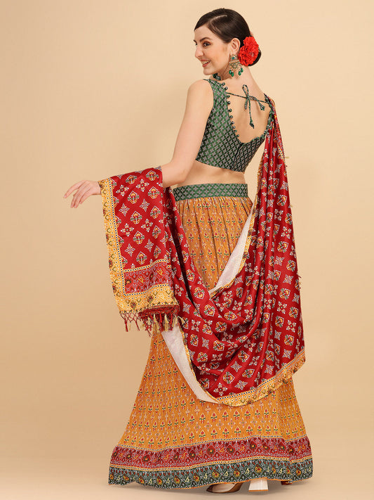 Mustard & Green Color Digital Printed Crushed Lehenga Choli