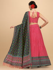 Pink & Dark Green Color Digital Printed Crushed Lehenga Choli