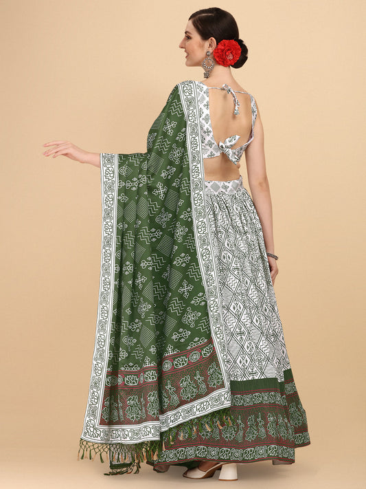 Glorious White & Green Color Digital Printed Crushed Lehenga Choli