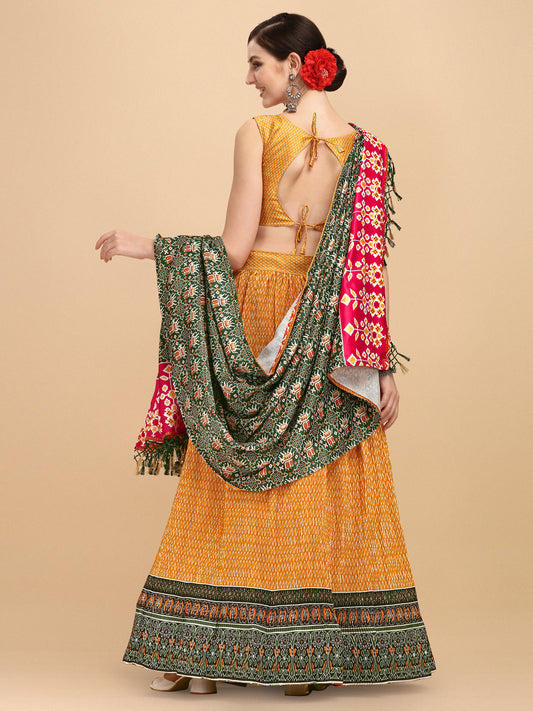 Awesome Green & Orange Color Digital Printed Crushed Lehenga Choli