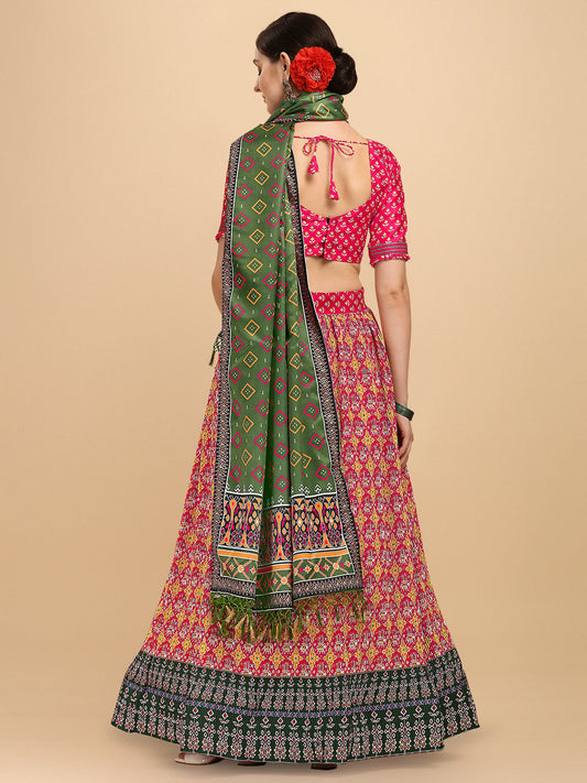 Pink & Olive Green Color Digital Printed Crushed Lehenga Choli