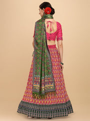 Pink & Olive Green Color Digital Printed Crushed Lehenga Choli