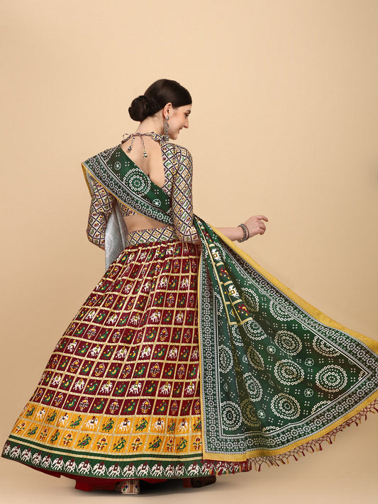 Digital Printed Maroon & Green Color Crushed Lehenga Choli