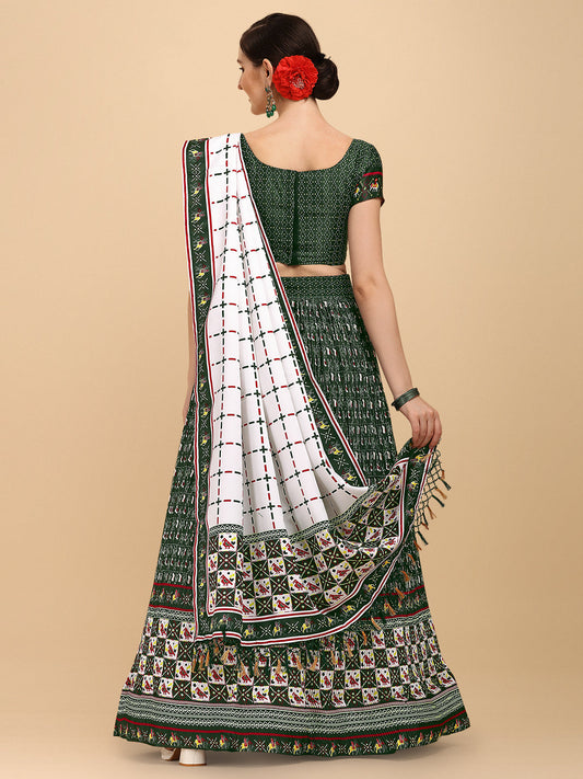 Digital Printed Dark Green & White Color Crushed Lehenga Choli