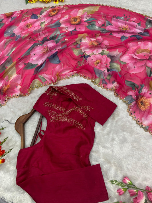 Gorgeous Flower Print With Work Pink Color Saree