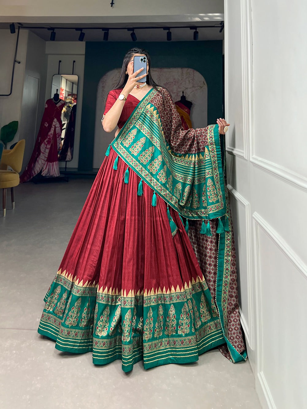 Traditional wear Tussar Silk Red Color Lehenga Choli