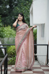 Wonderful Embroidery Work Peach Color Designer Saree