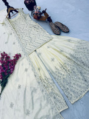 Admiring White Natural Crap Embroidery Sequence Sharara Suit