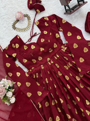 Attractive Maroon Jacquard Weaving Anarkali Suit
