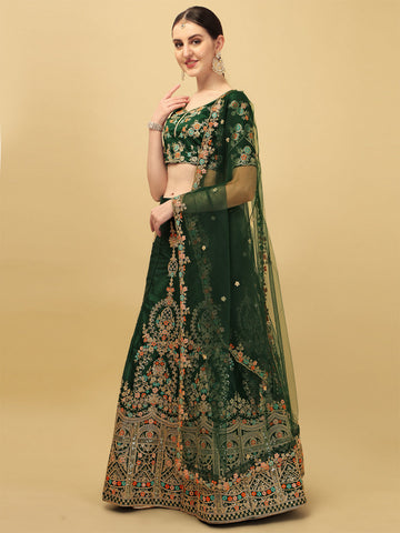 Dark Green Color Sequence & Embroidery Work Silk Lehenga Choli