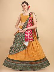 Awesome Green & Orange Color Digital Printed Crushed Lehenga Choli