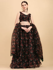 Printed Black Color Beautiful Organza Lehenga Choli