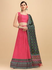 Pink & Dark Green Color Digital Printed Crushed Lehenga Choli