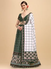 Digital Printed Dark Green & White Color Crushed Lehenga Choli