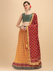 Mustard & Green Color Digital Printed Crushed Lehenga Choli