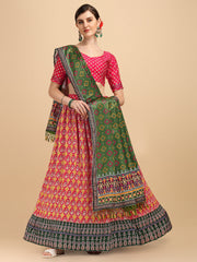 Pink & Olive Green Color Digital Printed Crushed Lehenga Choli