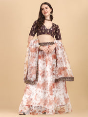 Digital Printed White & Coffee Color Organza Lehenga Choli