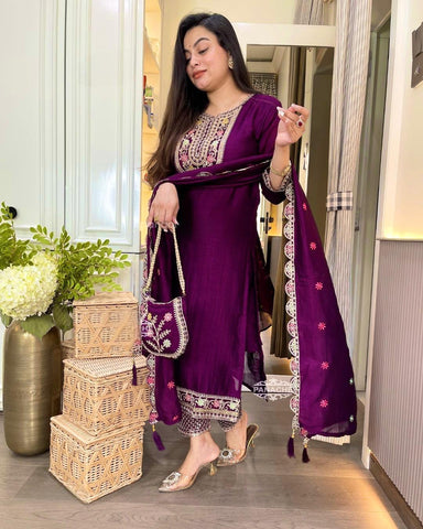 Wine Color Embroidery Work Salwar Suit