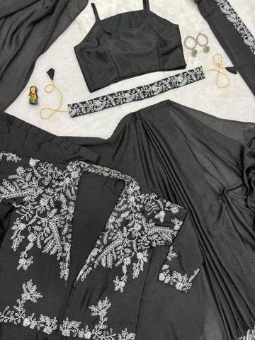 Wonderful Embroidery Work Black Color Saree With Koti