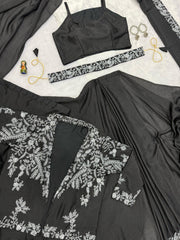 Wonderful Embroidery Work Black Color Saree With Koti