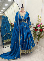 Function Wear Teal Blue Color Gown With Dupatta Set